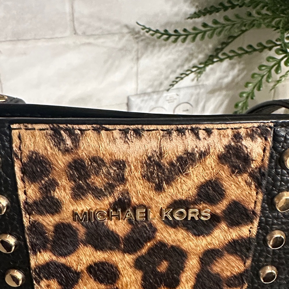 Michael Kors Black and Leopard-Print Studded Tote - Picture 2 of 5